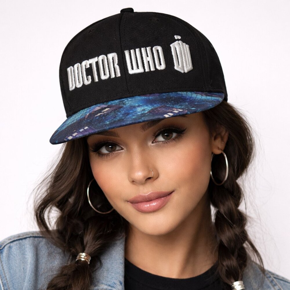 Doctor Who Snapback Hat TARDIS Galaxy Brim Raised Embroidery Sci-Fi Fan Cap